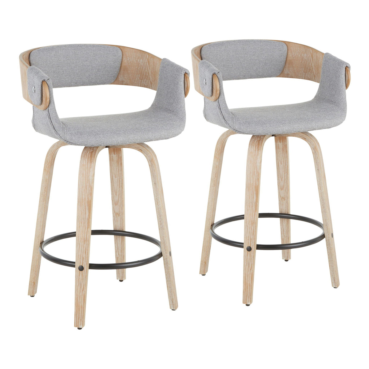 Two farmhouse counter stools with cushioned gray seats and whitewashed wood legs on Tampa Home & Garden Store
