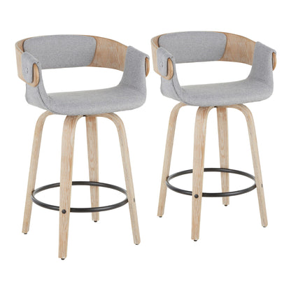 Two farmhouse counter stools with cushioned gray seats and whitewashed wood legs on Tampa Home & Garden Store