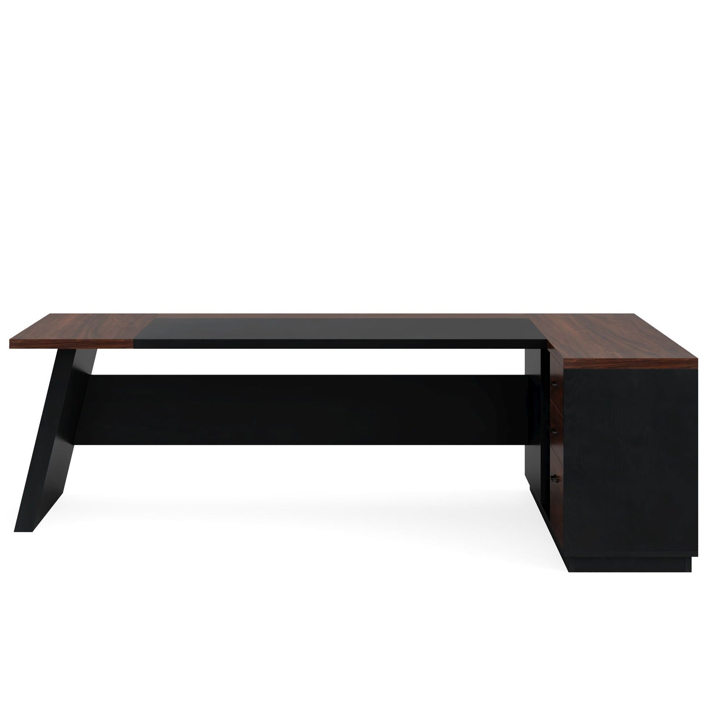L-shaped executive desk with file cabinet and drawers, dark wood top, black metal legs on Tampa Home & Garden Store