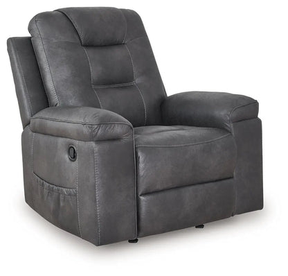 Stockworth Rocker Recliner in dark gray faux leather with plush cushions on Tampa Home & Garden Store