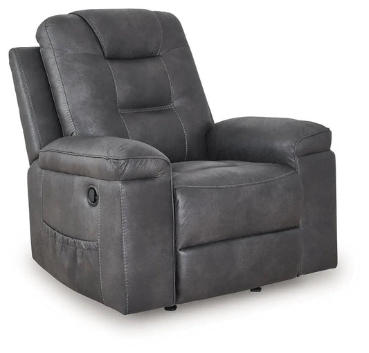Stockworth Rocker Recliner in dark gray faux leather with plush cushions on Tampa Home & Garden Store
