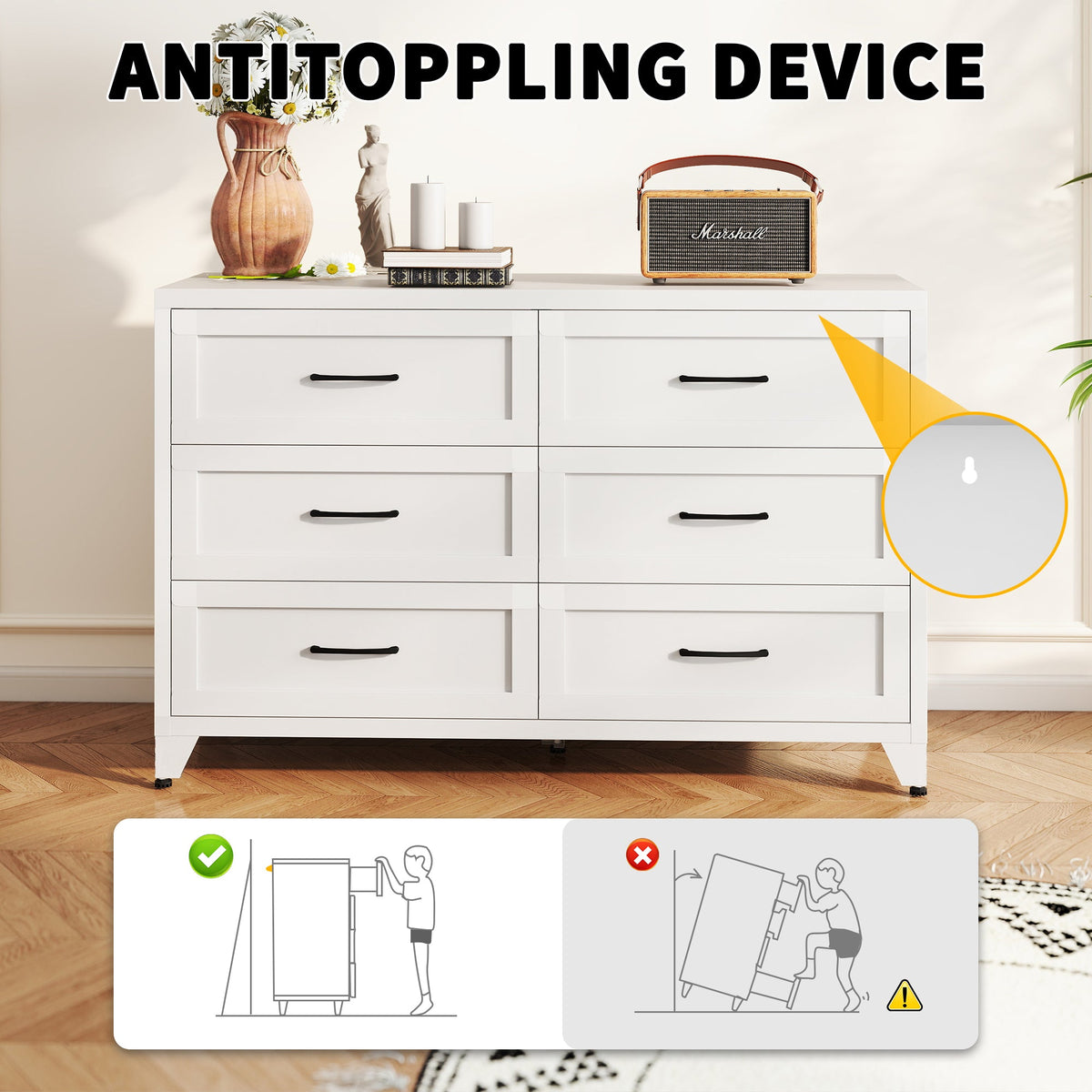 6 Drawer Dresser for Bedroom white finish by HouseOfZazla with black drawer handles on Tampa Home & Garden Store