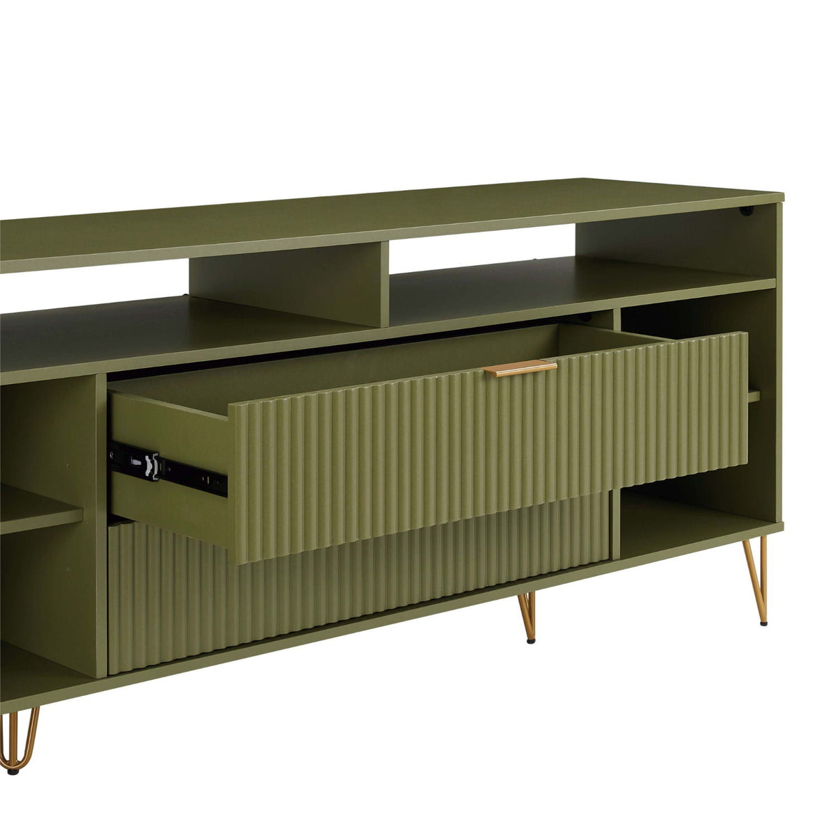 Fluted TV stand by HouseOfZazla olive green with storage drawer and gold legs on Tampa Home & Garden Store