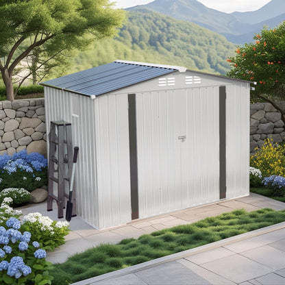 Garden tool shed metal storage shed with peaked roof, gray panels and lockable door on Tampa Home & Garden Store