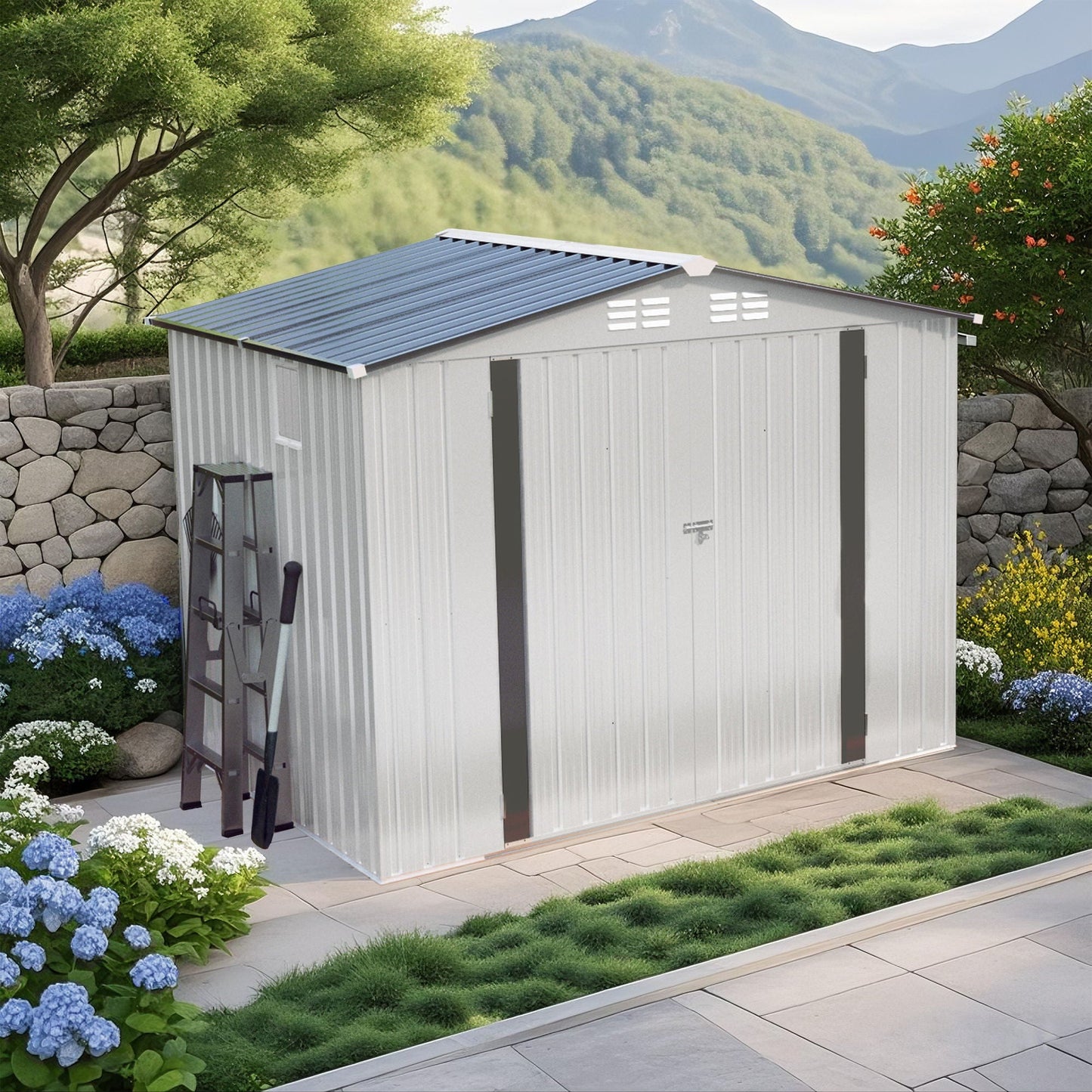 Metal Garden Storage Shed Pitched Roof And Door
