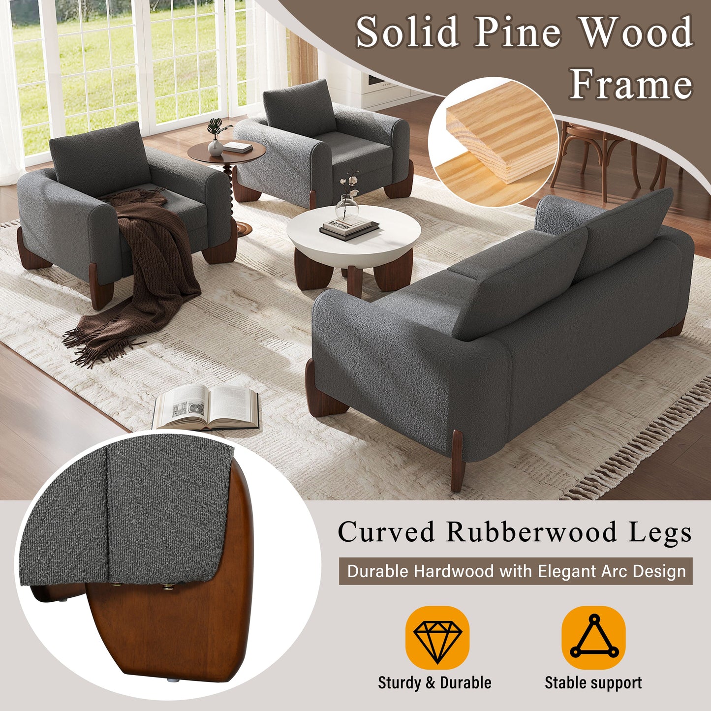 Modern Three Piece Boucle Sofa and Chair Set