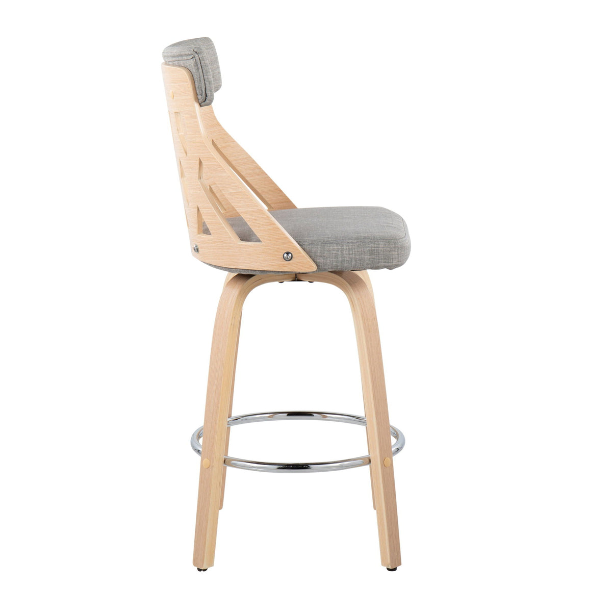 Mid-Century Modern counter stool with lattice back, natural wood frame and light gray cushions on Tampa Home & Garden Store