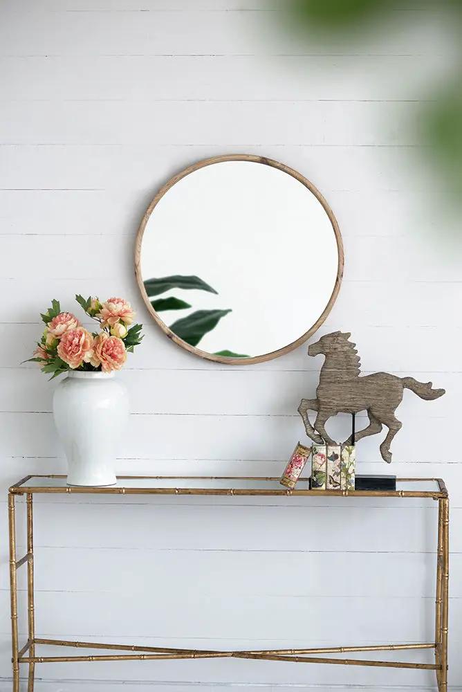Round Wood Mirror Wall Mounted Home Decor