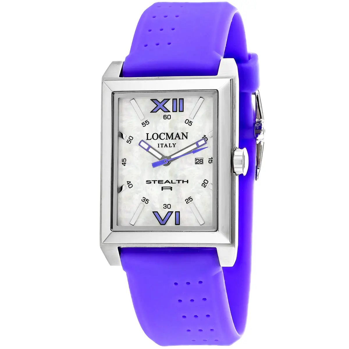 Locman Men's Classic Watch with purple silicone strap, rectangular case, motherofpearl dial on Tampa Home & Garden Store