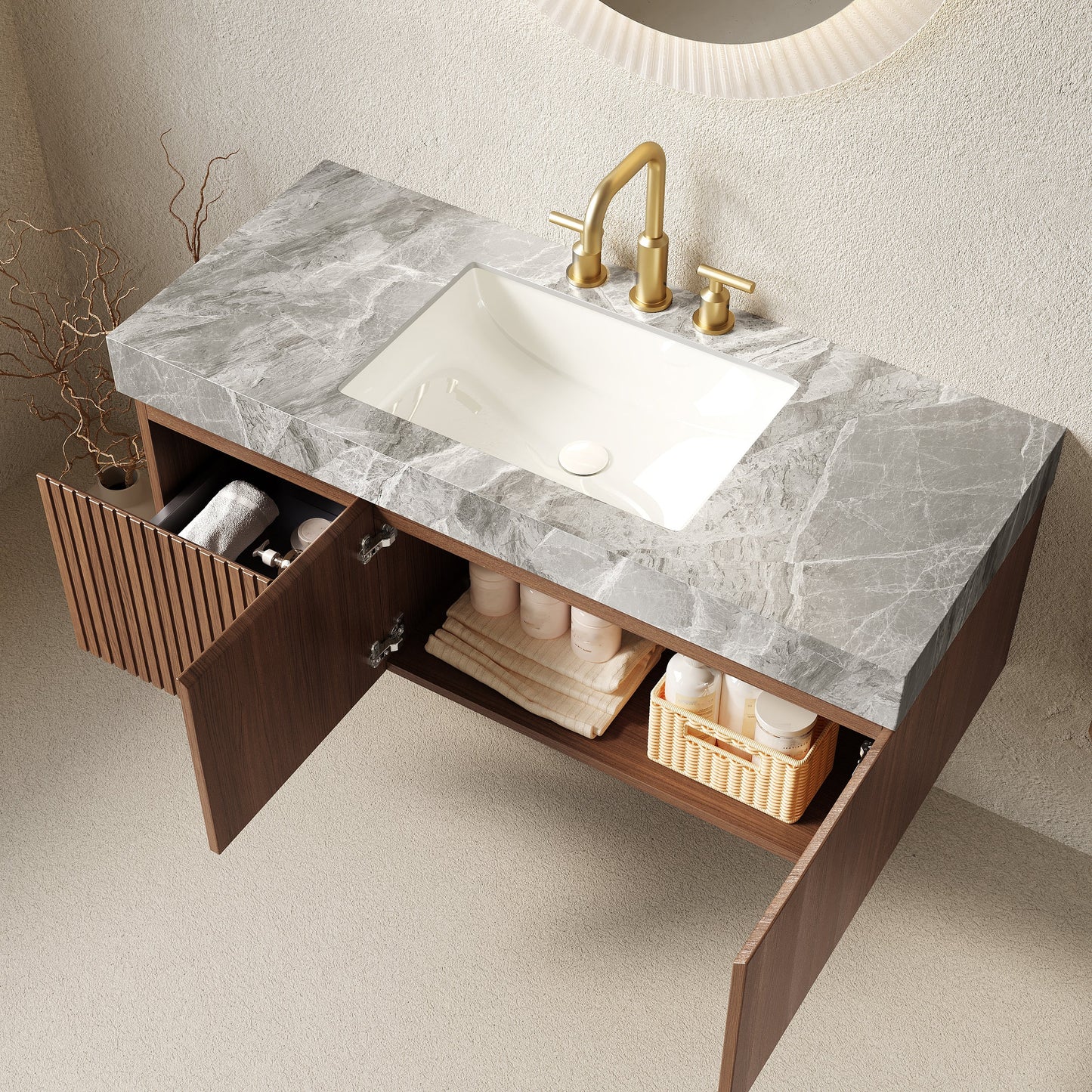 MURI 48in floating bathroom vanity with gray marble countertop, white sink, brass faucet on Tampa Home & Garden Store