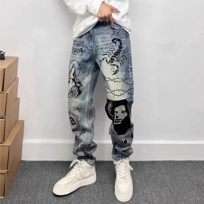 Jeans FLIPSTYLEZLLC retro blue graffiti denim, loose fit with street-art prints, 1 pair on Tampa Home & Garden Store
