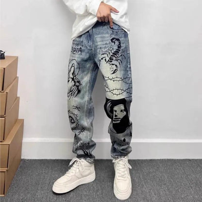 Jeans FLIPSTYLEZLLC retro blue graffiti denim, loose fit with street-art prints, 1 pair on Tampa Home & Garden Store