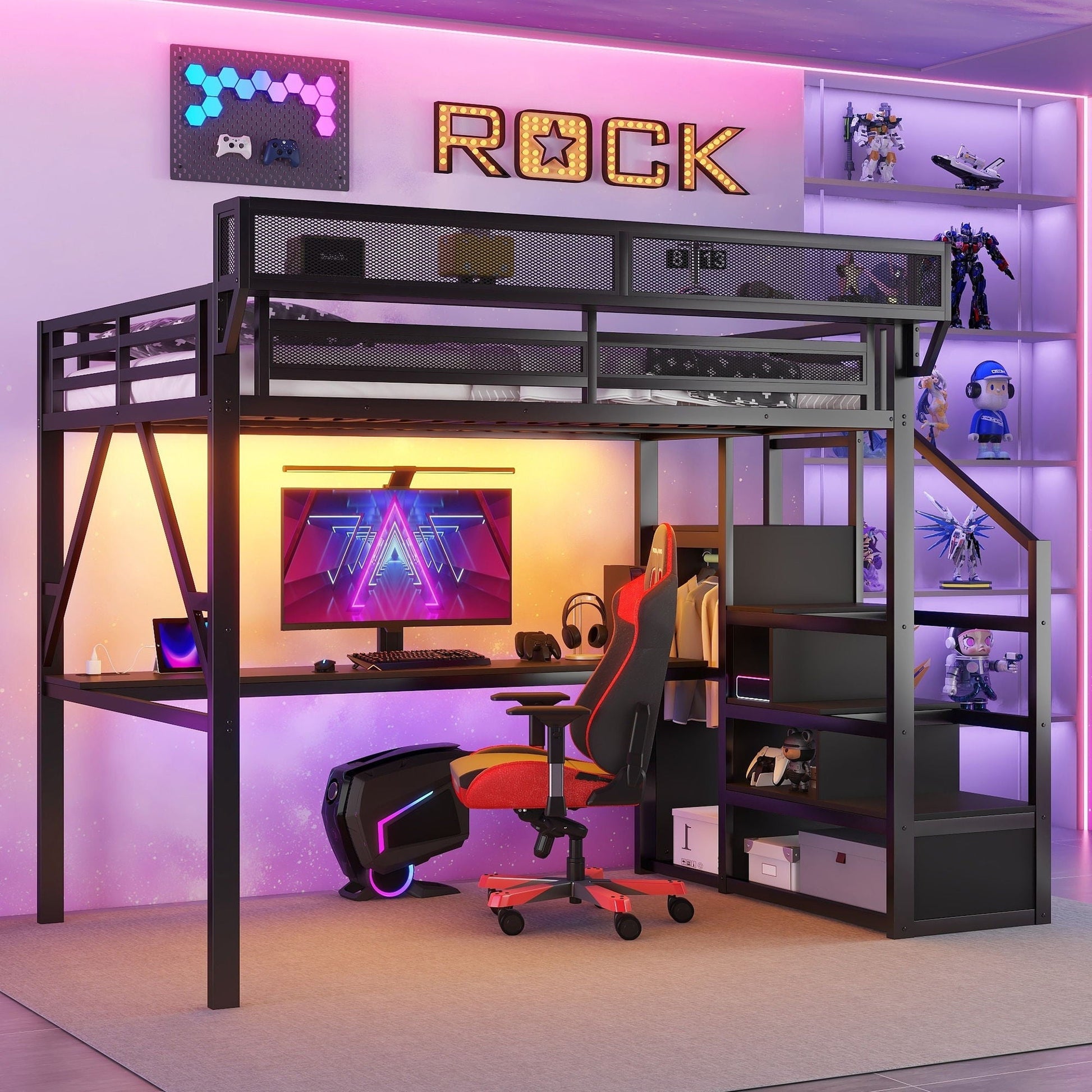 Loft bed with desk, charging station and stairs; metal frame, mesh panels, red gaming chair on Tampa Home & Garden Store
