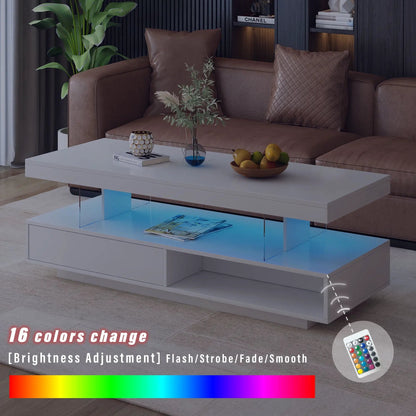 LED Coffee Table with 2 Drawers and Display Shelves in white finish with blue glow on Tampa Home & Garden Store