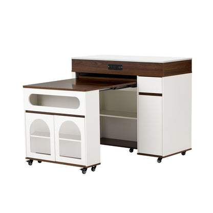 Extendable dining table with folding top and rolling kitchen island in white and dark wood on Tampa Home & Garden Store