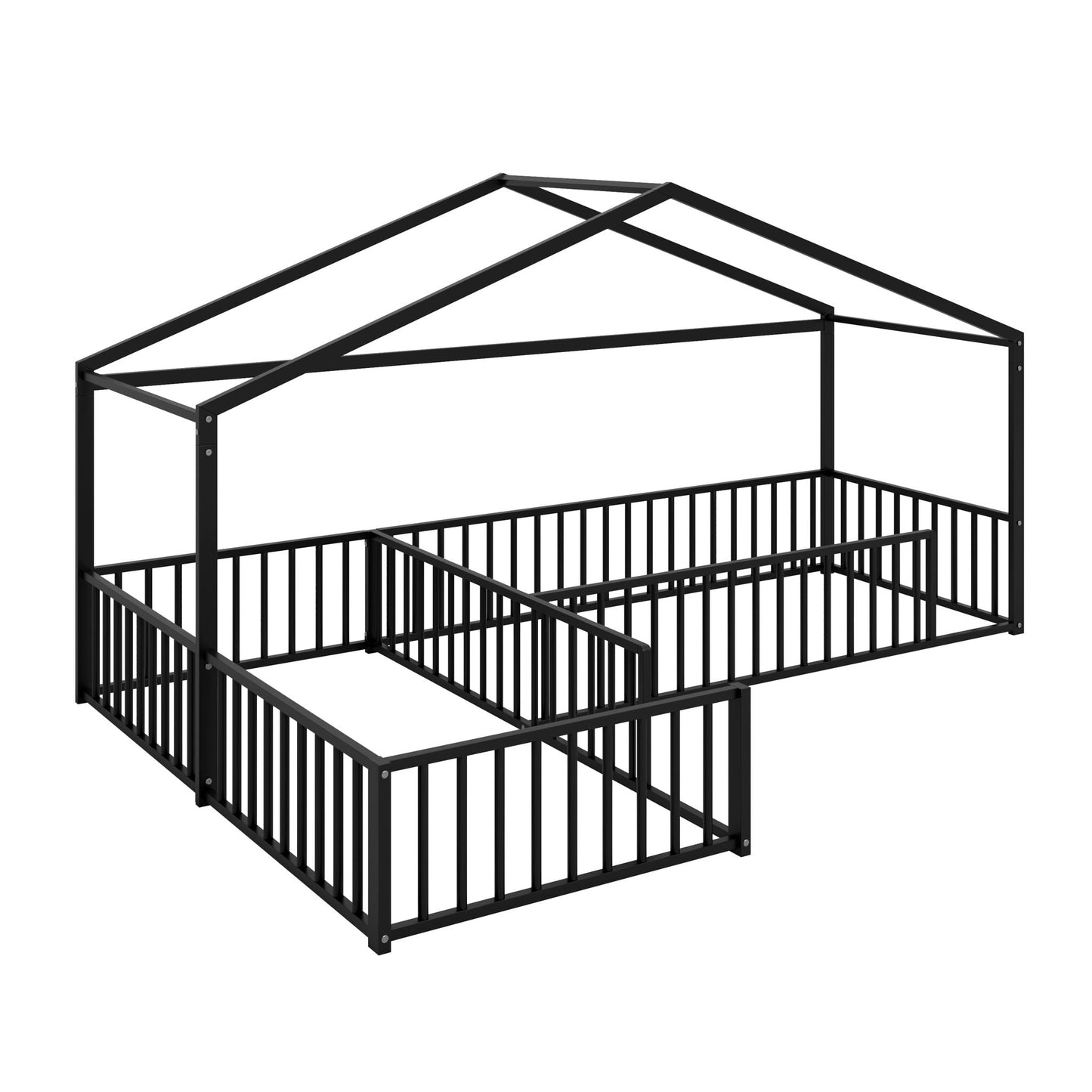 L-Shaped black metal Montessori canopy bed for 2 with partition fence by HouseOfZazla on Tampa Home & Garden Store