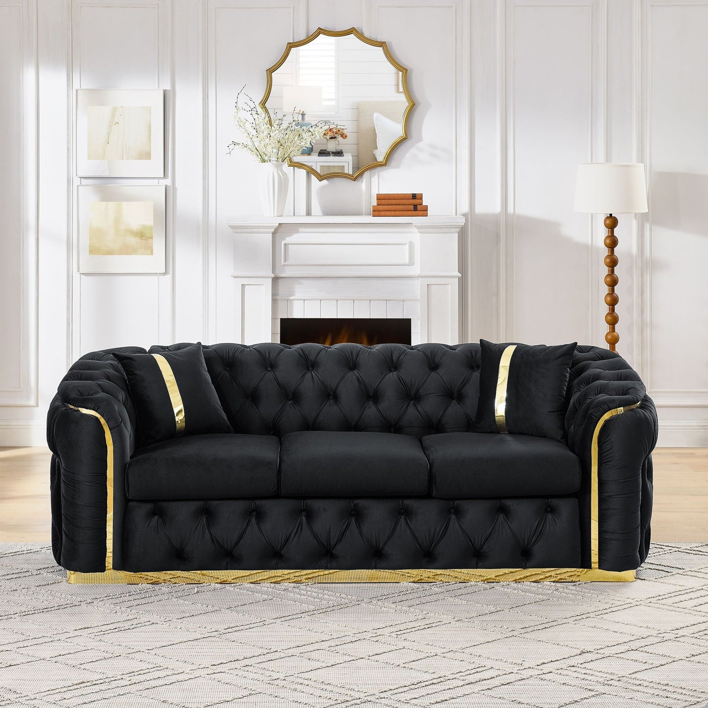 Button tufted 3-seat Chesterfield sofa in black velvet with two pillows and gold piping on Tampa Home & Garden Store