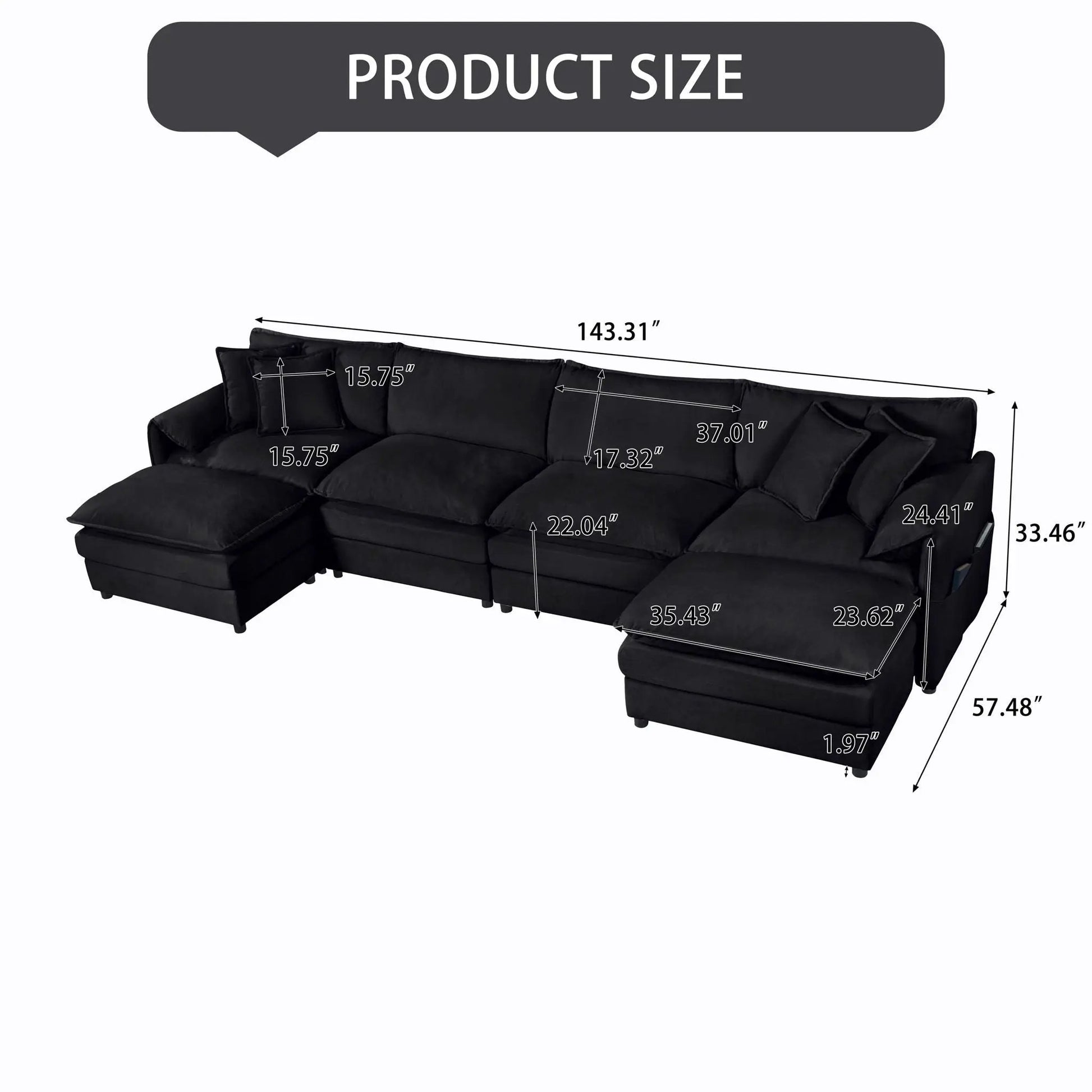 Modular sectional sofa cloud couch with ottoman, black fabric by Unique Piece Furniture on Tampa Home & Garden Store