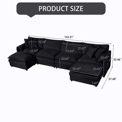 HouseOfZazla modern comfy deep-seat modular sectional sofa cloud couch with ottoman black on Tampa Home & Garden Store