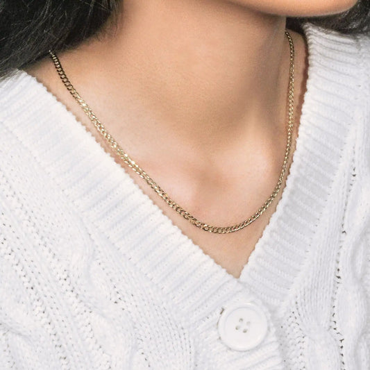 14k yellow gold solid curb chain necklace 3.20 mm worn on model on Tampa Home & Garden Store