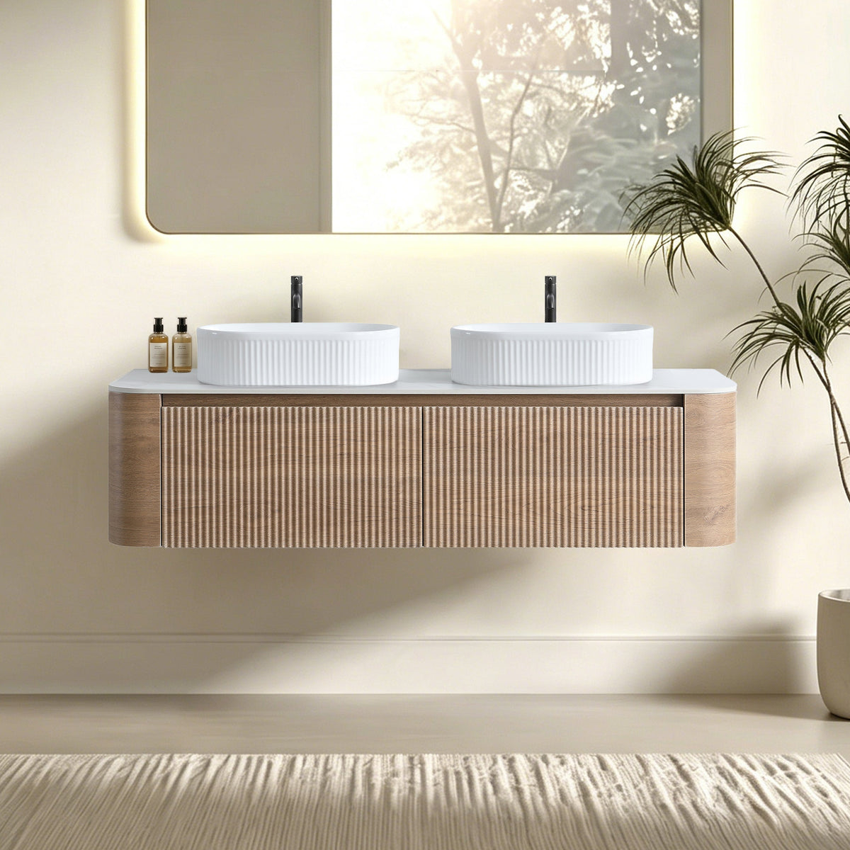 Erba 60-inch honey oak bathroom vanity with ribbed cabinet, twin white vessel sinks, and black faucets on Tampa Home & Garden Store