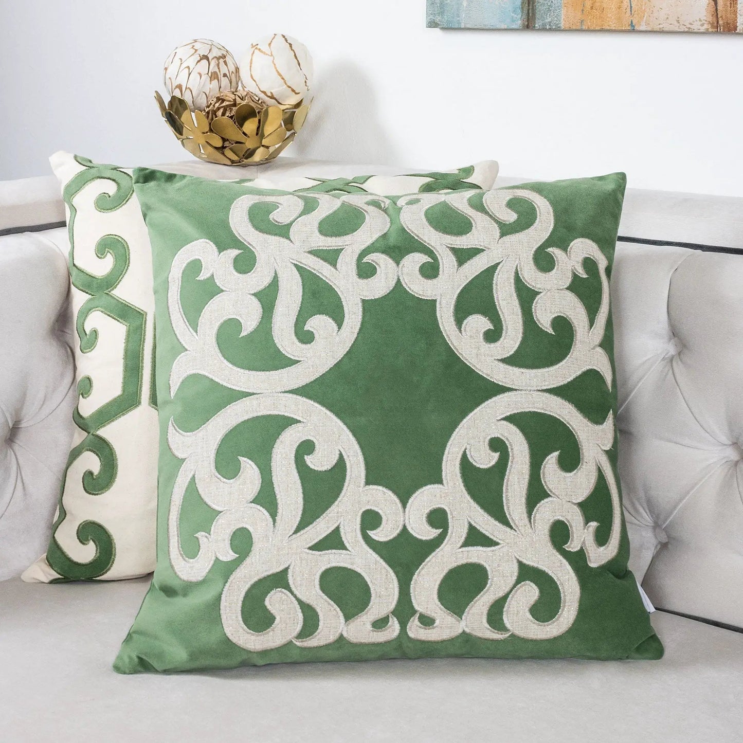 Dora Vintage Vine pillow covers set of 2 in green with white embroidery, hidden zipper on Tampa Home & Garden Store