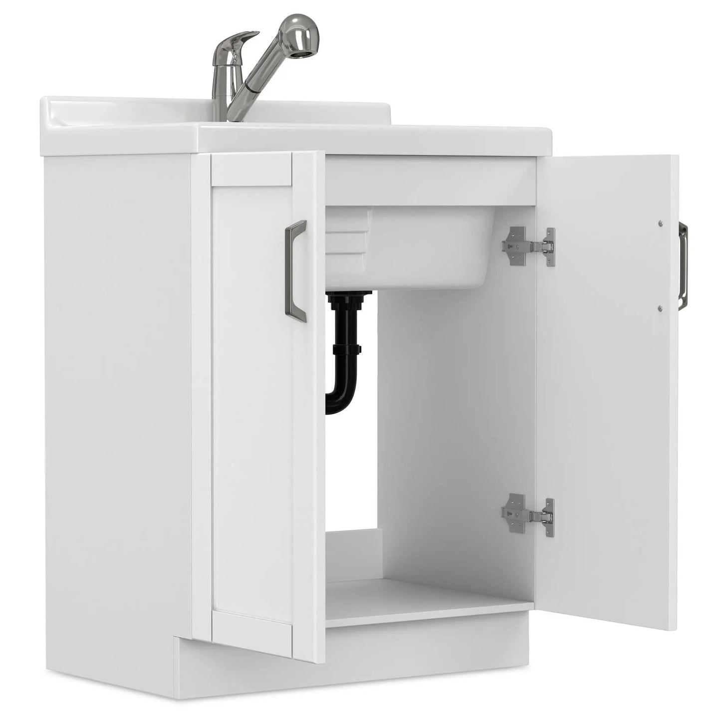 Kyle laundry cabinet with white sink and chrome faucet, doors opened to show plumbing on Tampa Home & Garden Store