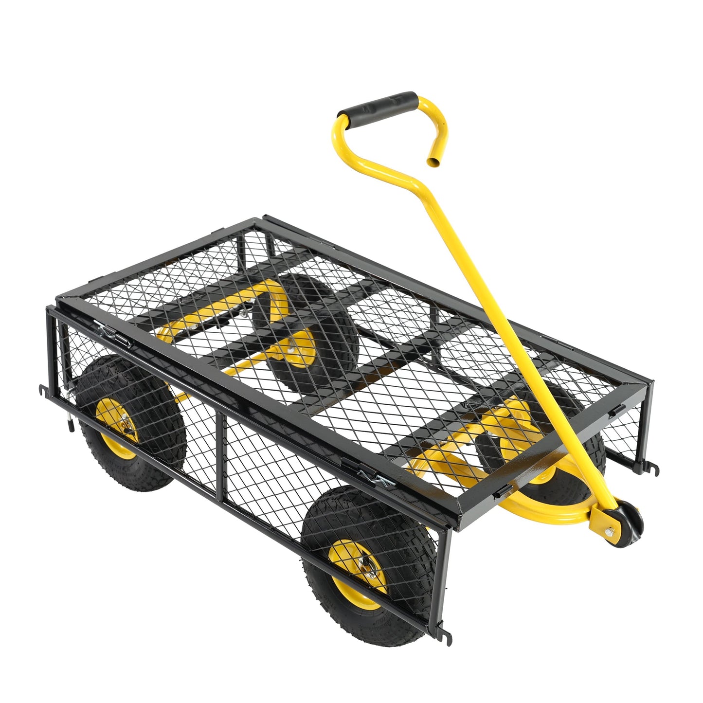 Outdoor wagon cart HouseOfZazla with black metal mesh bed, yellow handle and wheels on Tampa Home & Garden Store
