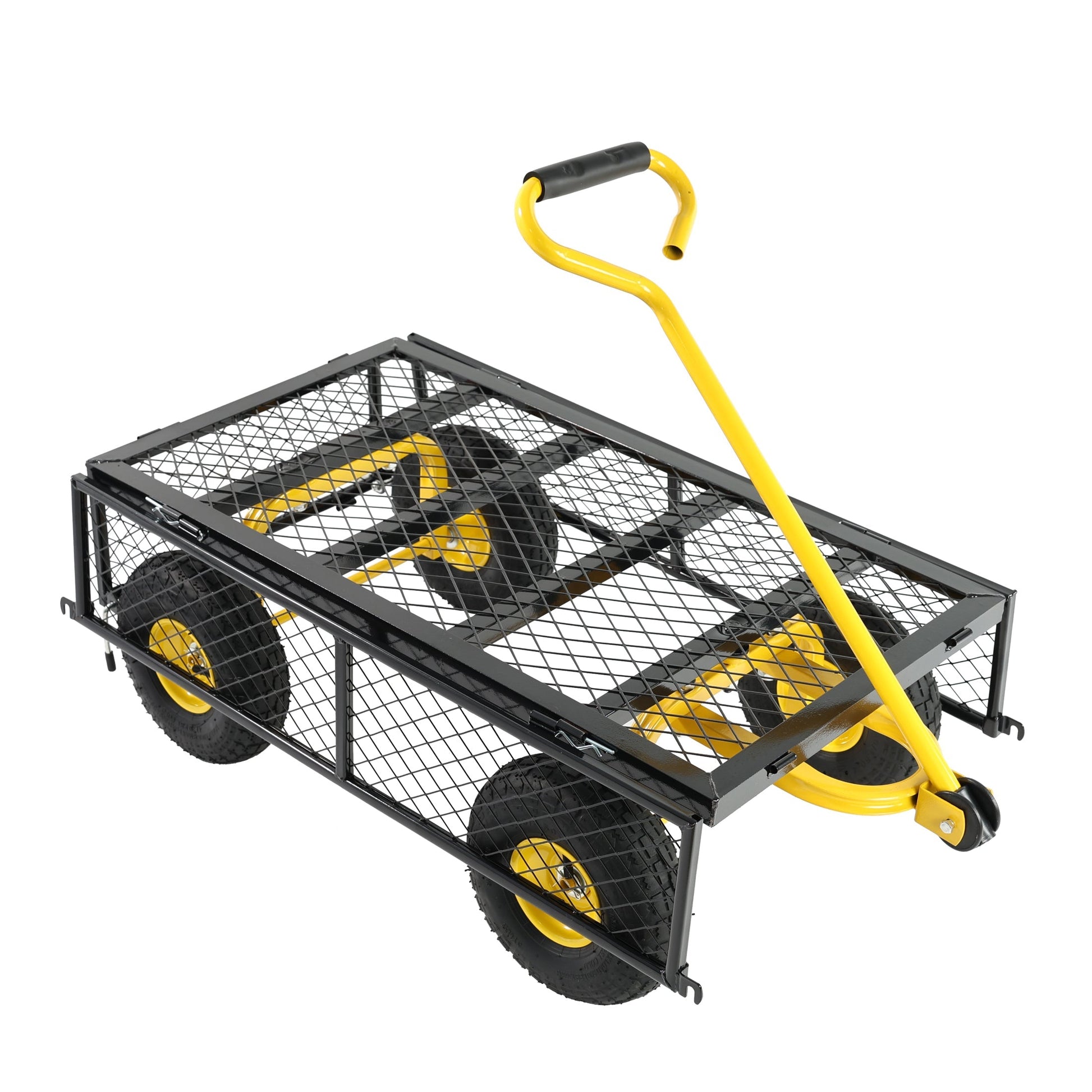 Outdoor wagon cart HouseOfZazla with black metal mesh bed, yellow handle and wheels on Tampa Home & Garden Store