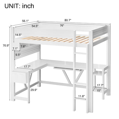 Gaming loft bed with desk, storage shelves, LED and charging station in white by HouseOfZazla on Tampa Home & Garden Store
