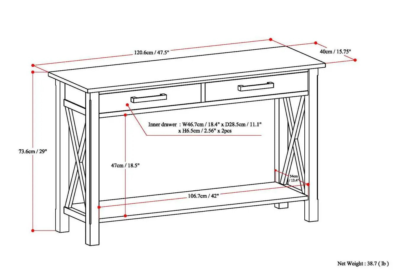 Kitchener Handcrafted Console Table with two drawers and crisscross sides 120.6 cm L on Tampa Home & Garden Store