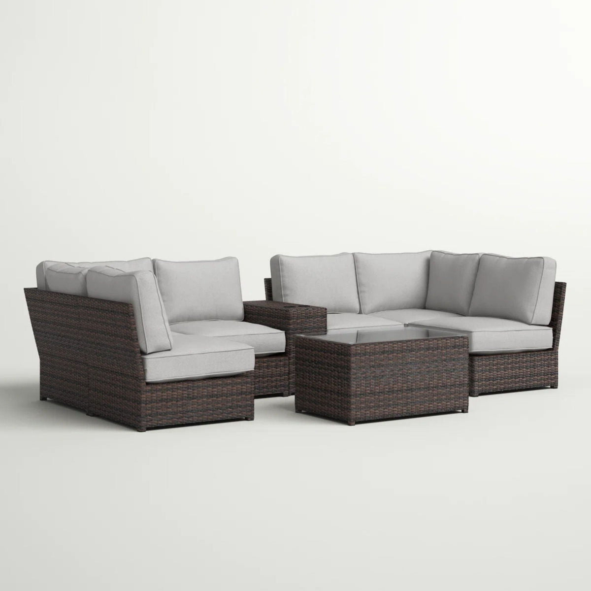 Modular wicker patio seating group with gray cushions and glass-top coffee table 4-piece on Tampa Home & Garden Store