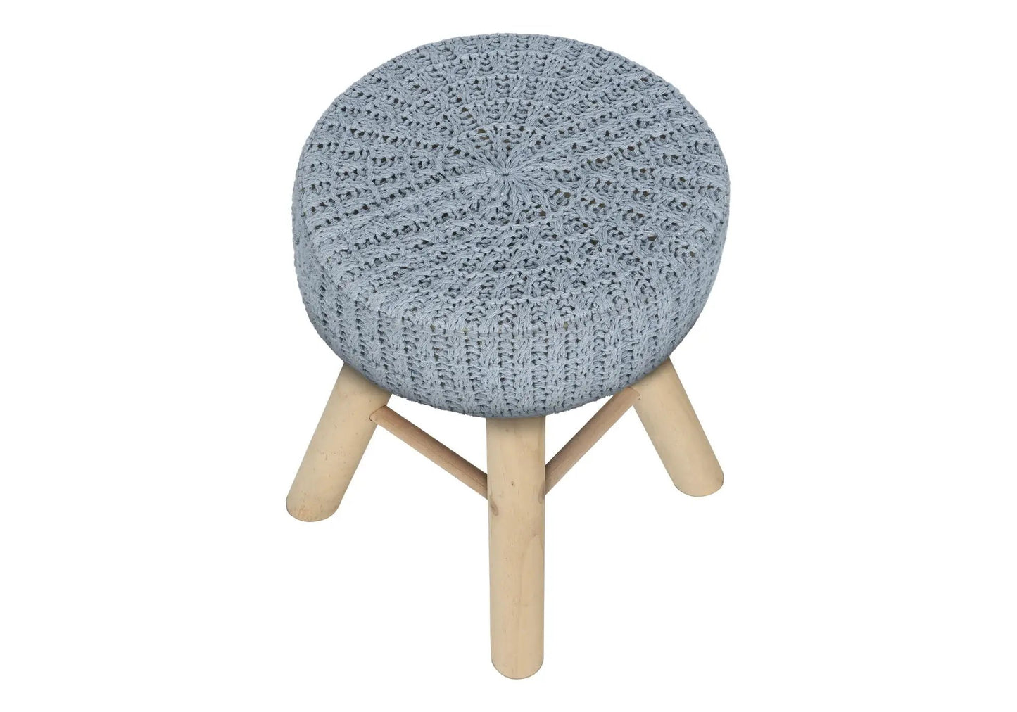 Ottoman pouf round footrest with gray-blue crochet cover and natural wood legs on Tampa Home & Garden Store