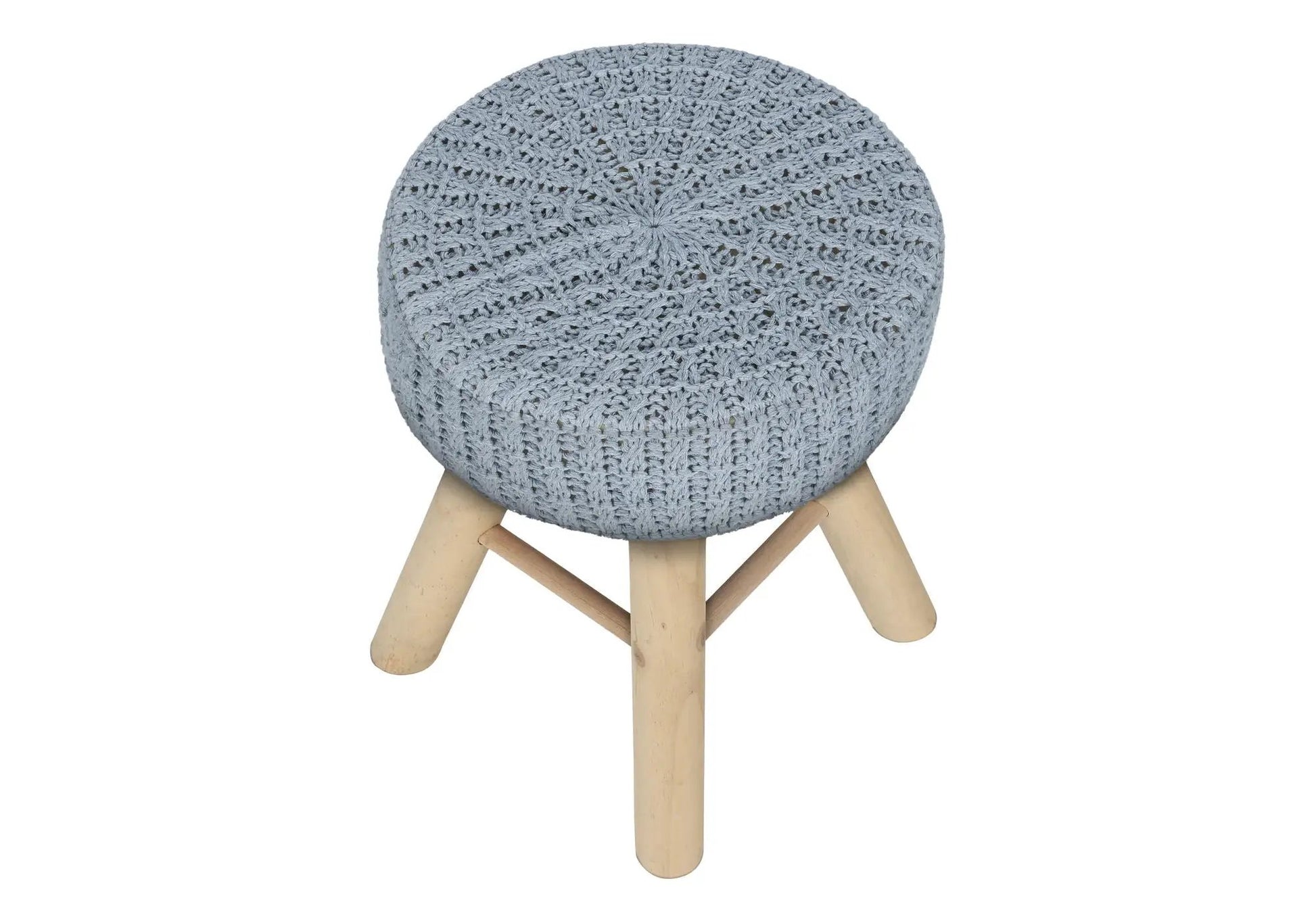 Ottoman pouf round footrest with gray-blue crochet cover and natural wood legs on Tampa Home & Garden Store