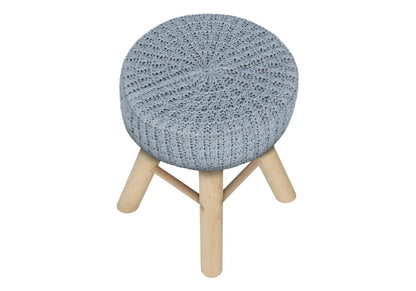 Ottoman pouf round footrest with gray-blue crochet cover and natural wood legs on Tampa Home & Garden Store