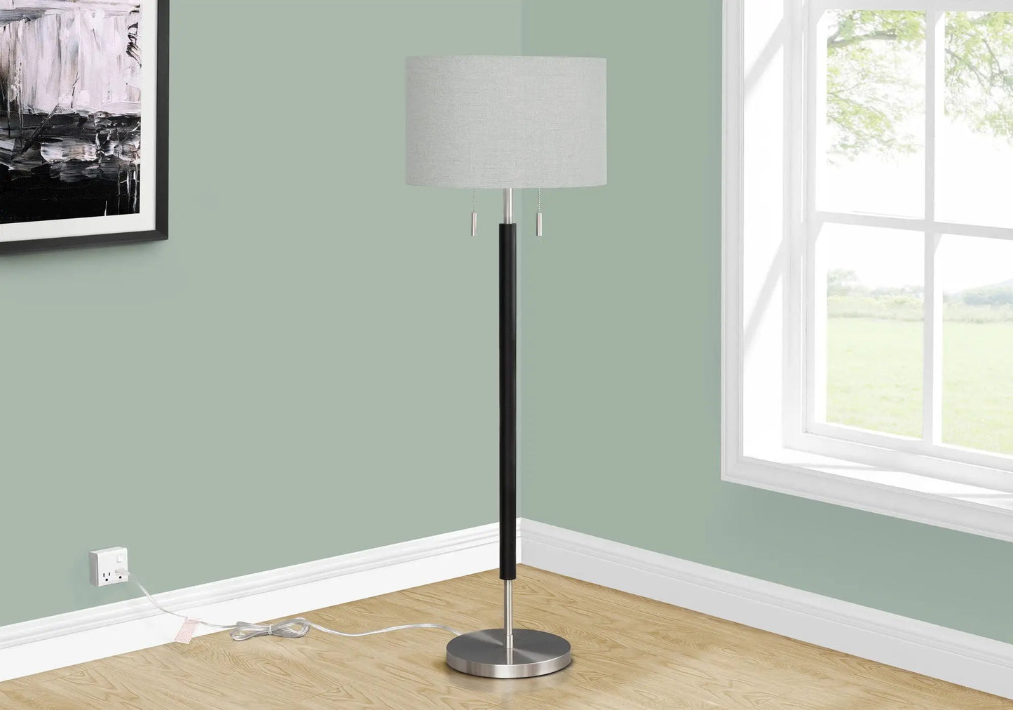 Floor lamp lighting black with gray fabric shade on metal stand by Unique Piece Furniture on Tampa Home & Garden Store