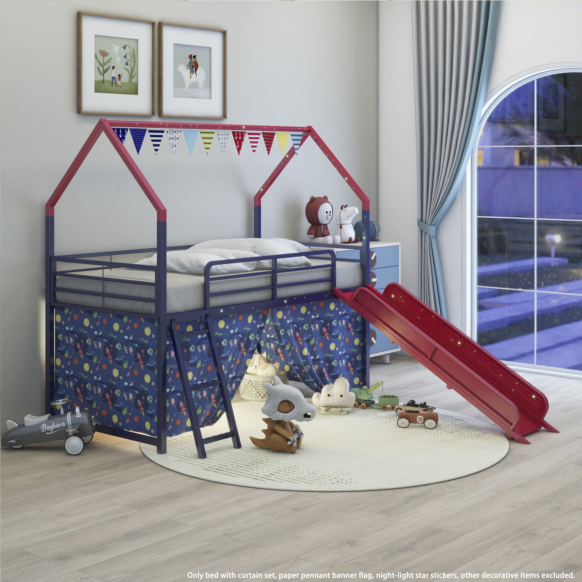 Jack House Loft Bed With Slide And Curtain Set by HouseOfZazla in pink frame with red slide on Tampa Home & Garden Store