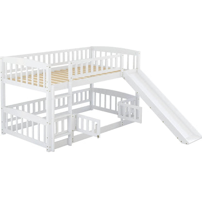 Low Bunk Bed With Slide Fence and Ladder