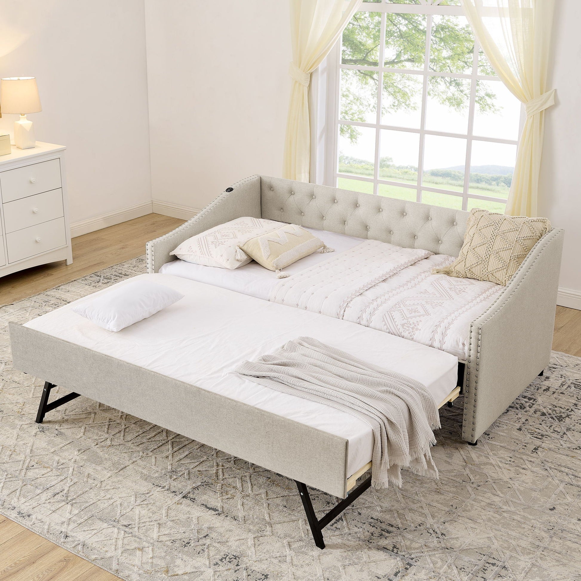Upholstered daybed with USB charging and pull-out trundle in gray fabric by HouseOfZazla on Tampa Home & Garden Store