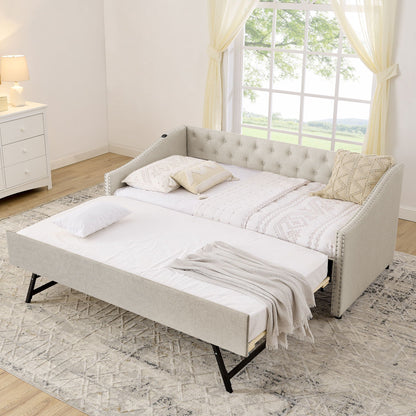 Upholstered daybed with USB charging and pull-out trundle in gray fabric by HouseOfZazla on Tampa Home & Garden Store
