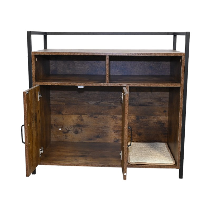 Rustic Cat House by HouseOfZazla, dark wood cabinet with black metal frame and cat bed on Tampa Home & Garden Store