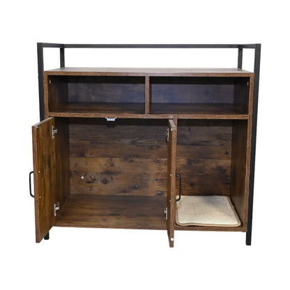 Rustic Cat House by HouseOfZazla, dark wood cabinet with black metal frame and cat bed on Tampa Home & Garden Store