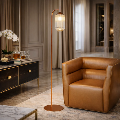 Classic Modern Floor Lamp by HouseOfZazla with copper finish and ribbed glass shade on Tampa Home & Garden Store