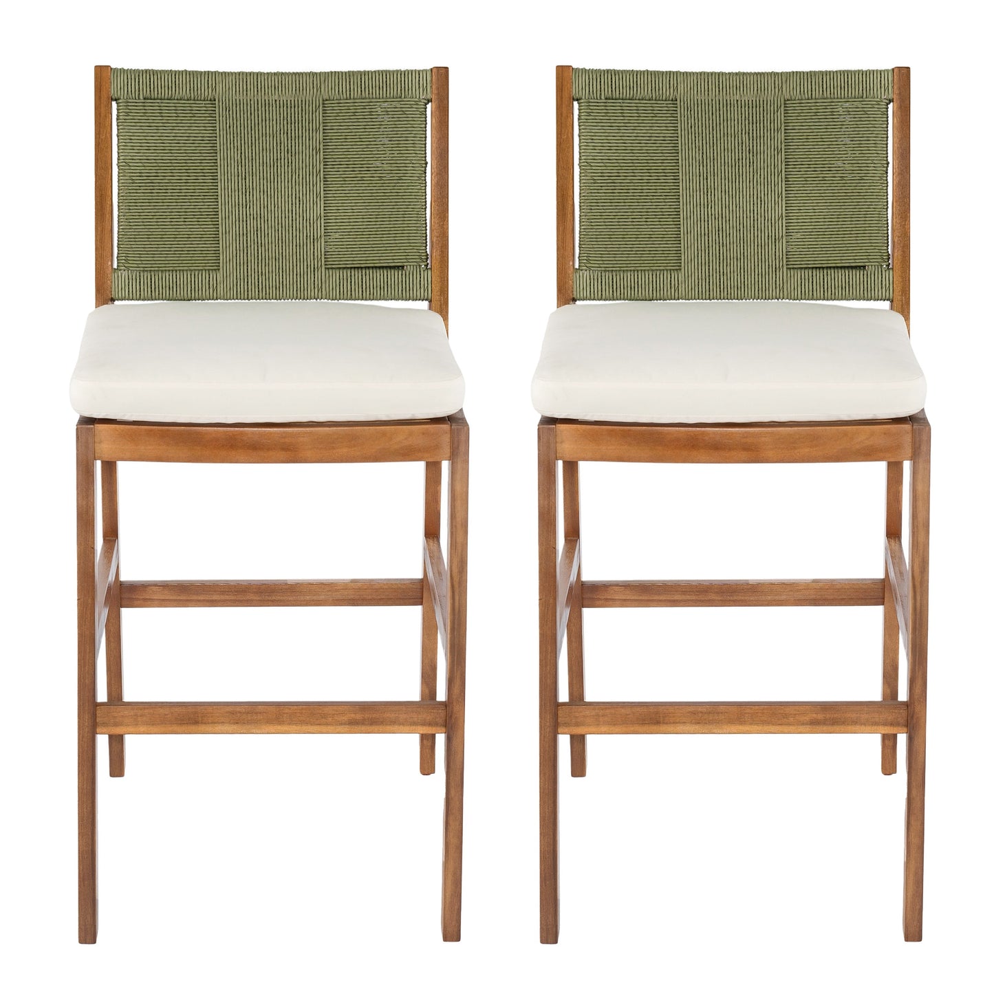 Outdoor Acacia Wood Bar Stools (Set of 2) with green woven backs and white cushions on Tampa Home & Garden Store