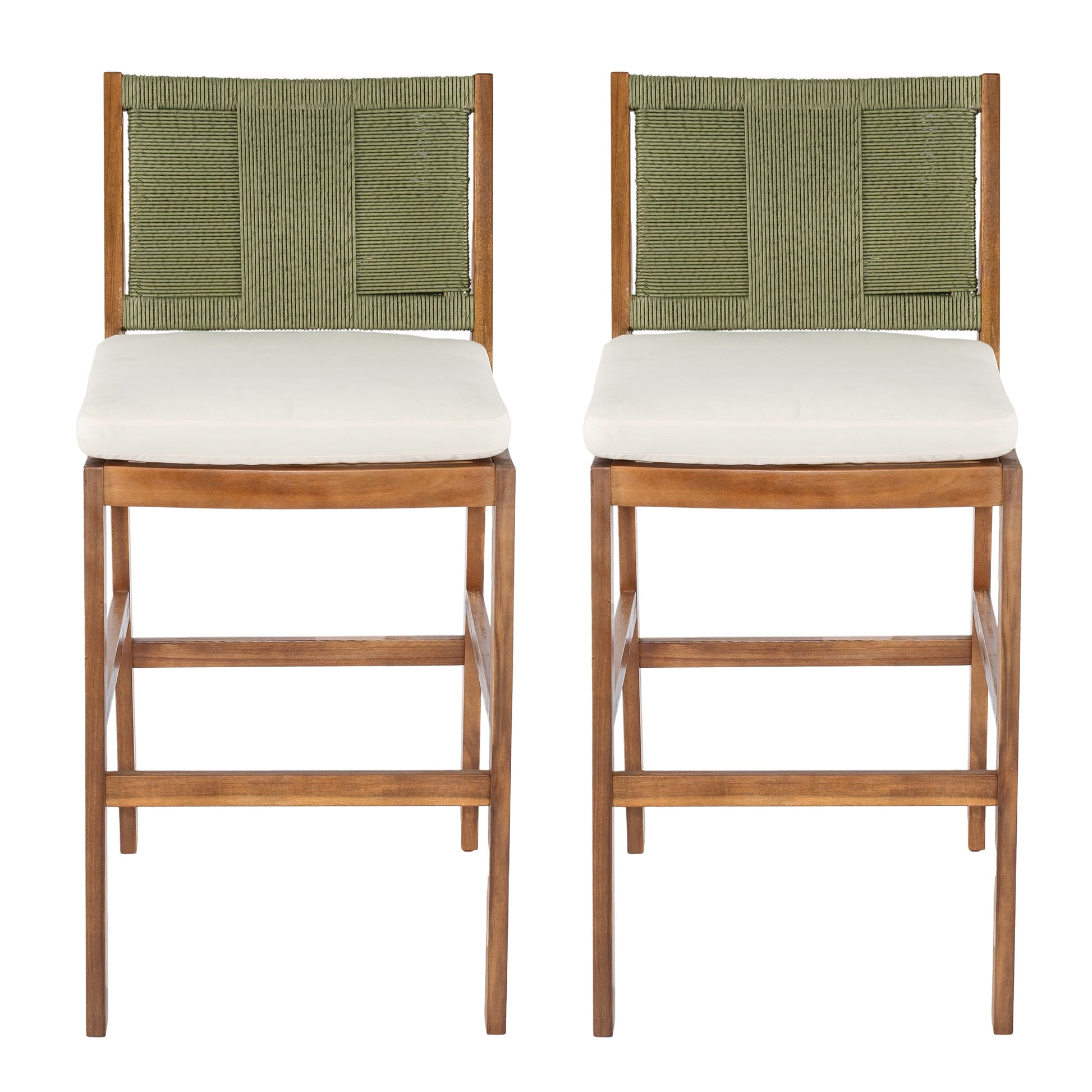 Outdoor Acacia Wood Bar Stools (Set of 2) with green woven backs and white cushions on Tampa Home & Garden Store