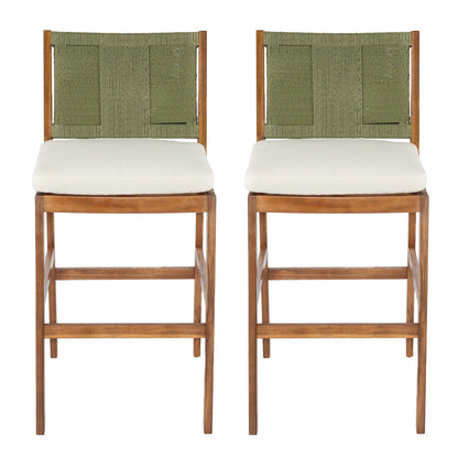 Outdoor Acacia Wood Bar Stools (Set of 2) with green woven backs and white cushions on Tampa Home & Garden Store