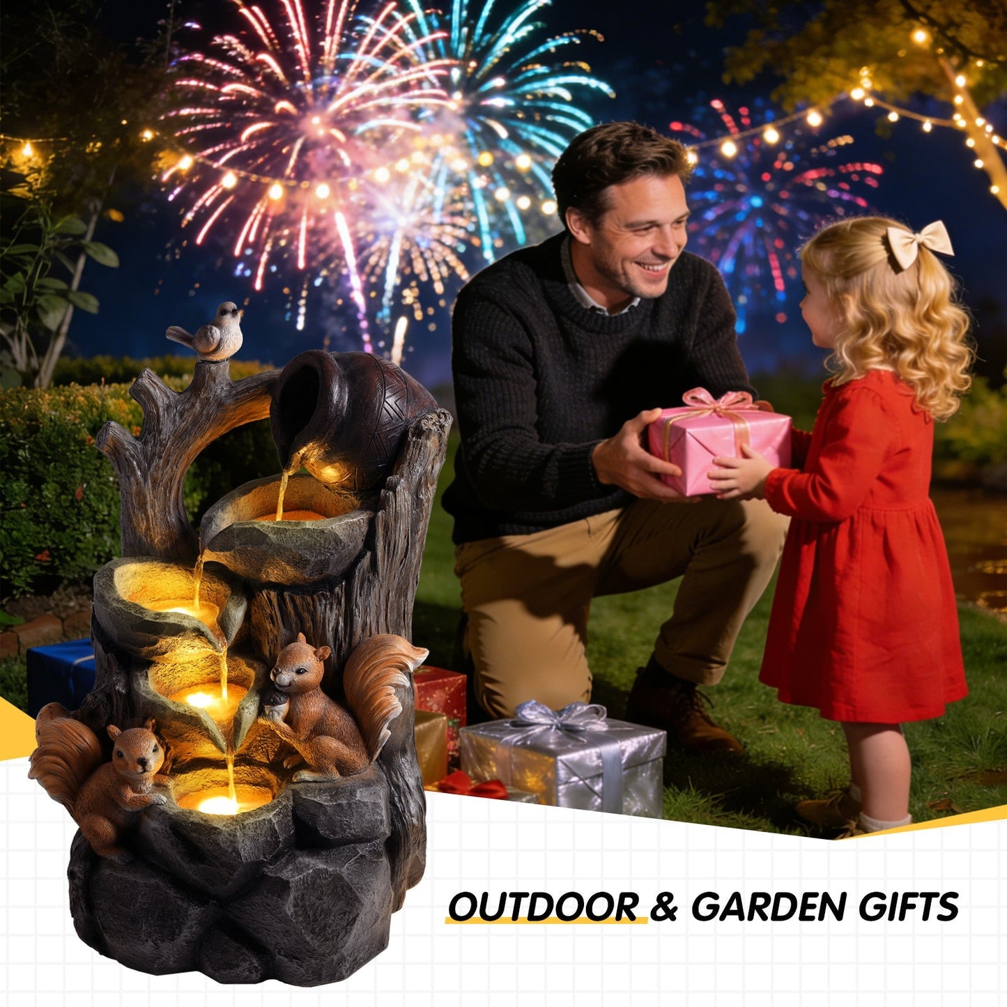 Squirrel outdoor water fountain with lights by HouseOfZazla, stone-textured fountain on Tampa Home & Garden Store