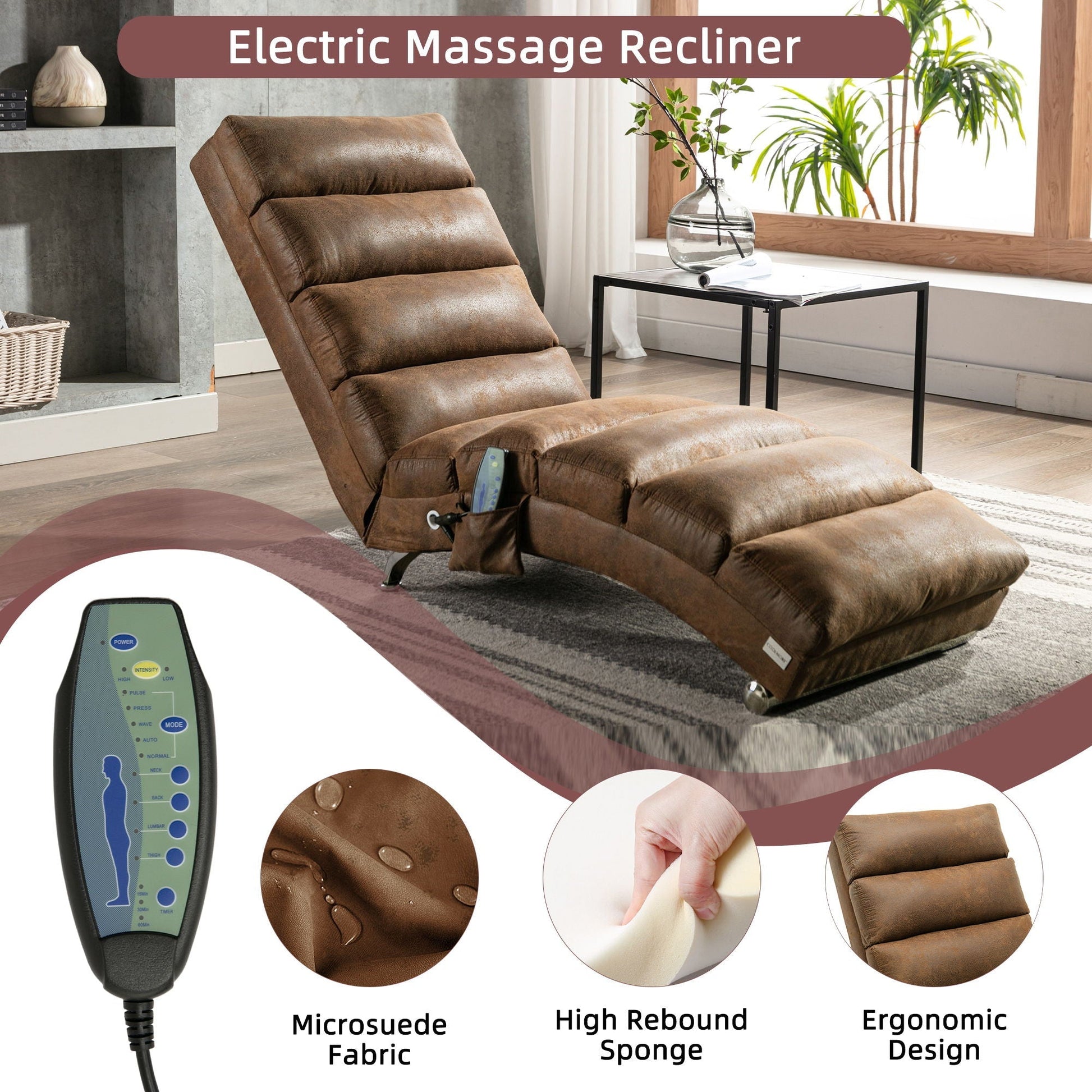 Massage Chaise Lounge indoor with remote control in brown microsuede fabric on Tampa Home & Garden Store