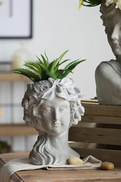 Cement bust wall planter gray with green succulent, 8-inch indoor decor on Tampa Home & Garden Store