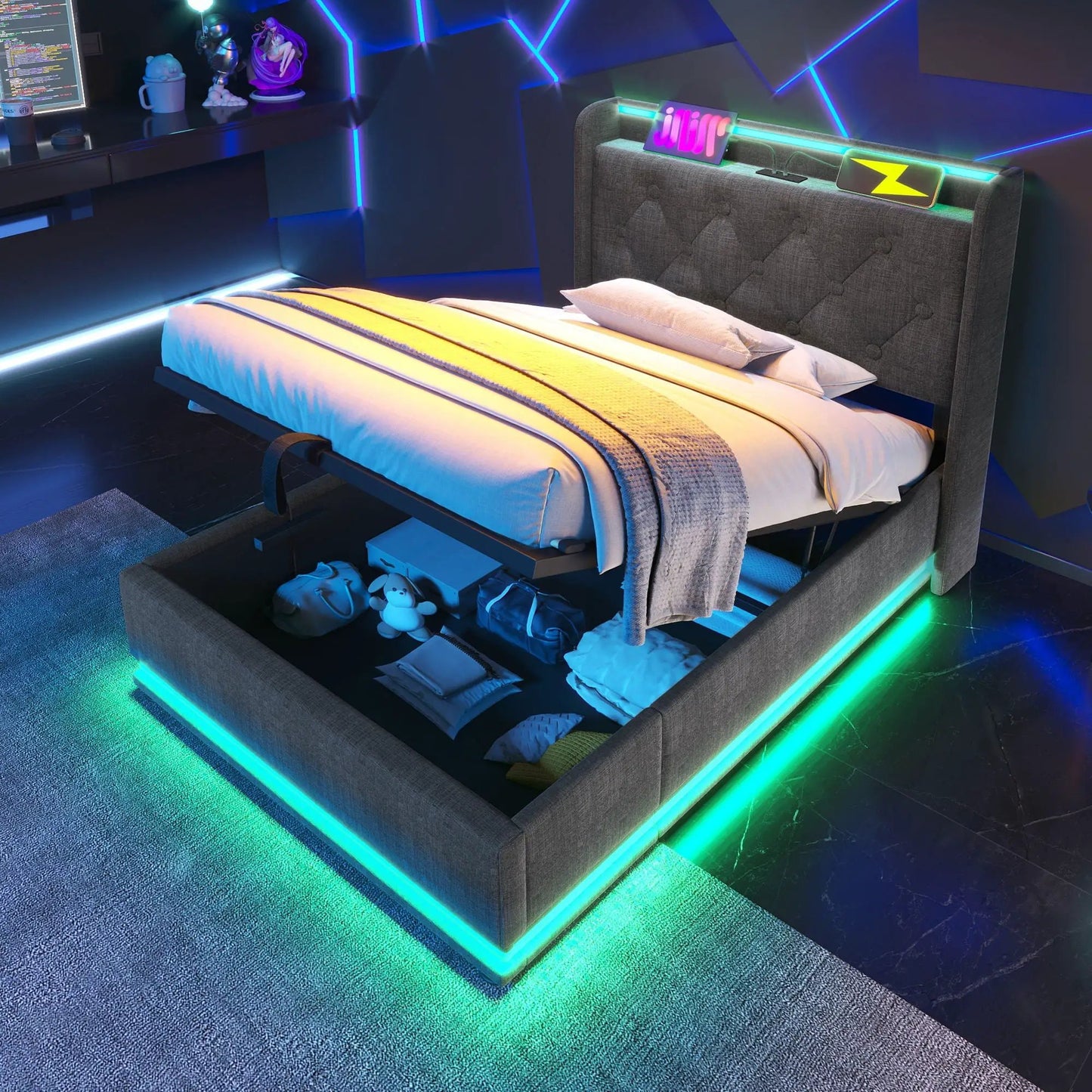 Upholstered storage bed in gray fabric with 360 LED lighting and USB-C charging, under-bed storage on Tampa Home & Garden Store